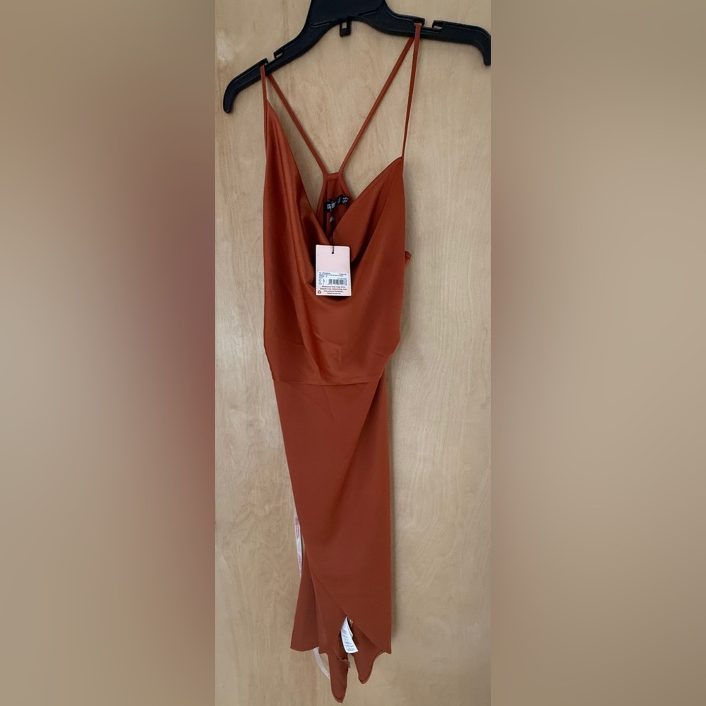 Missguided Asymmetrical Drape Rust Satin Midi Dress Size 4 - Picture 7 of 16